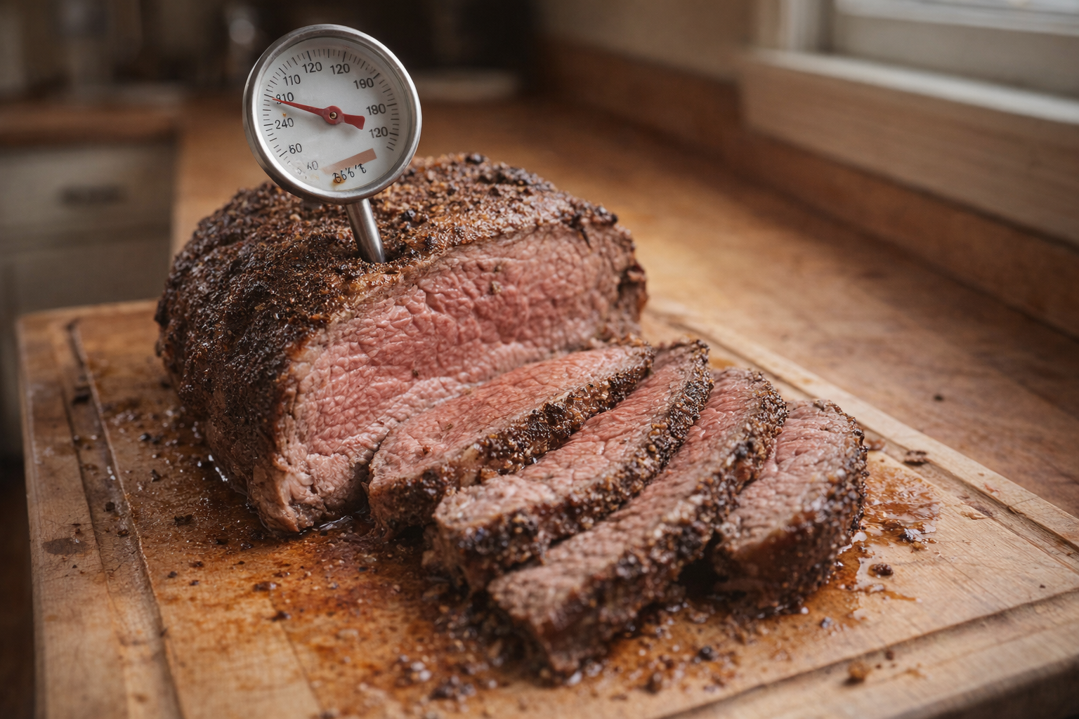 Close-up shot of a leftover steak resting on a cutting board, partially sliced, with a meat thermometer inserted. Warm, natural lighting.